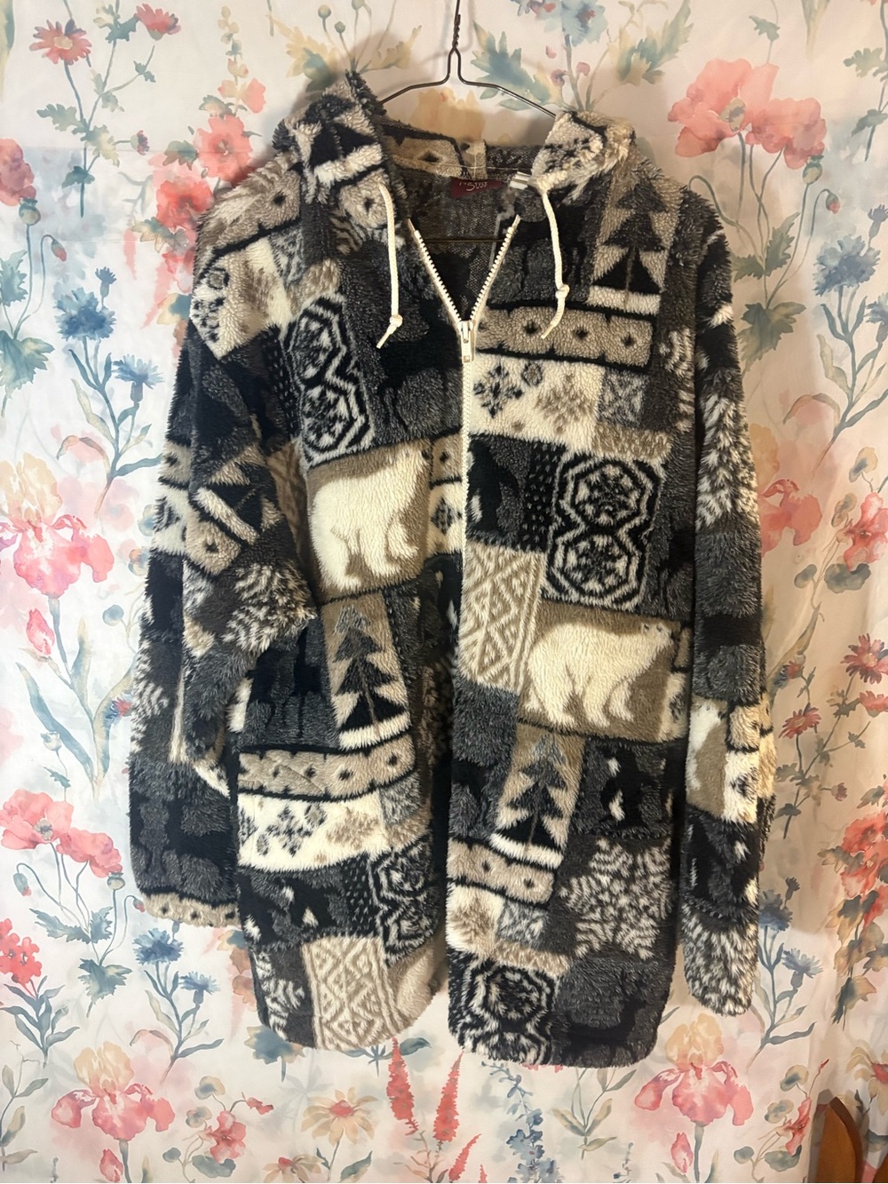 Vintage Cozy Fuzzy Hooded Jacket in Black, Gray & Cream